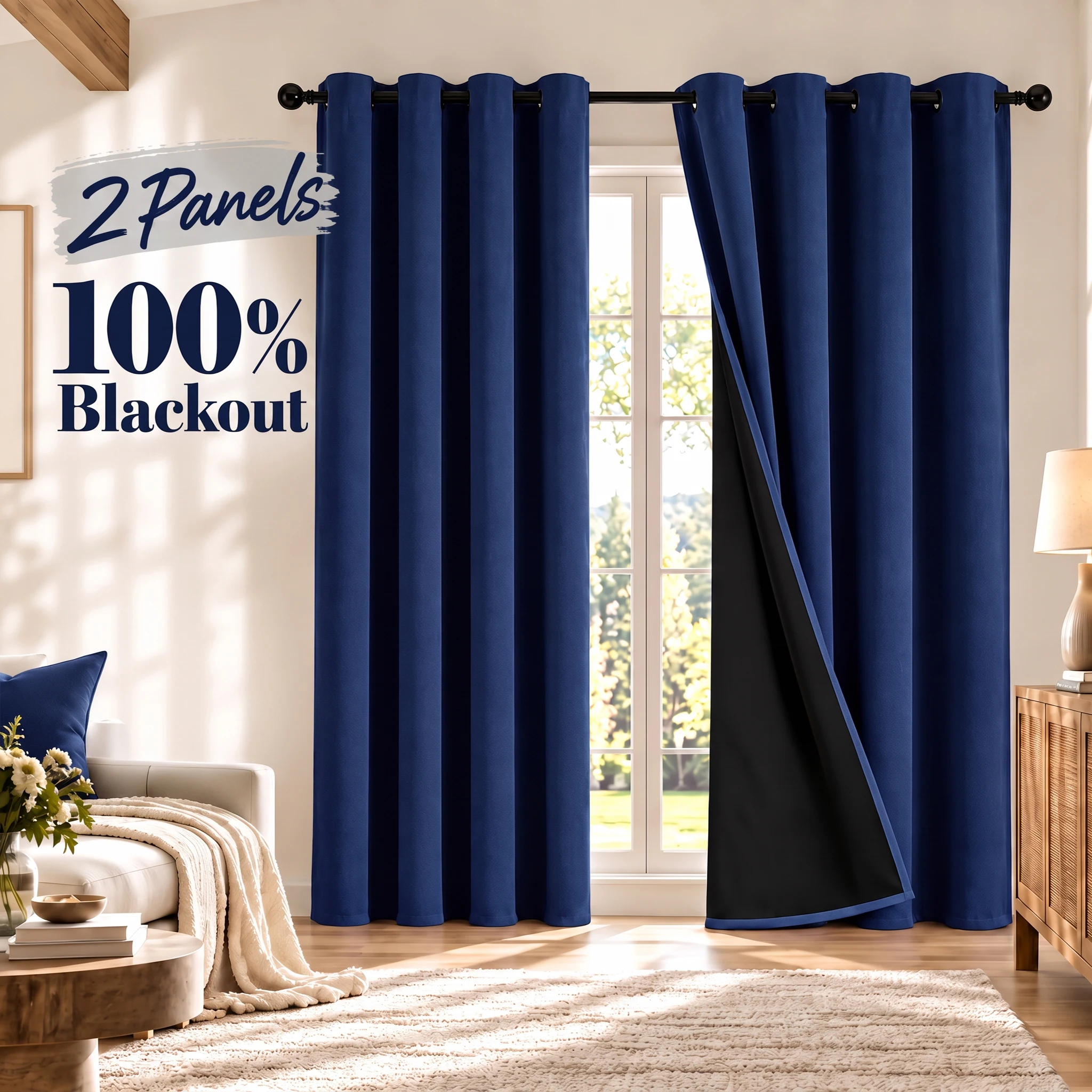 [ Free Buy 1 Get 1]  2 Panels 100% Blackout Multi Purpose Indoor Curtains Black Waterproof Coating on Back Side Light Blocking Grommet Drapes for Living Room Bedroom Bathroom Study and Other Household Spaces