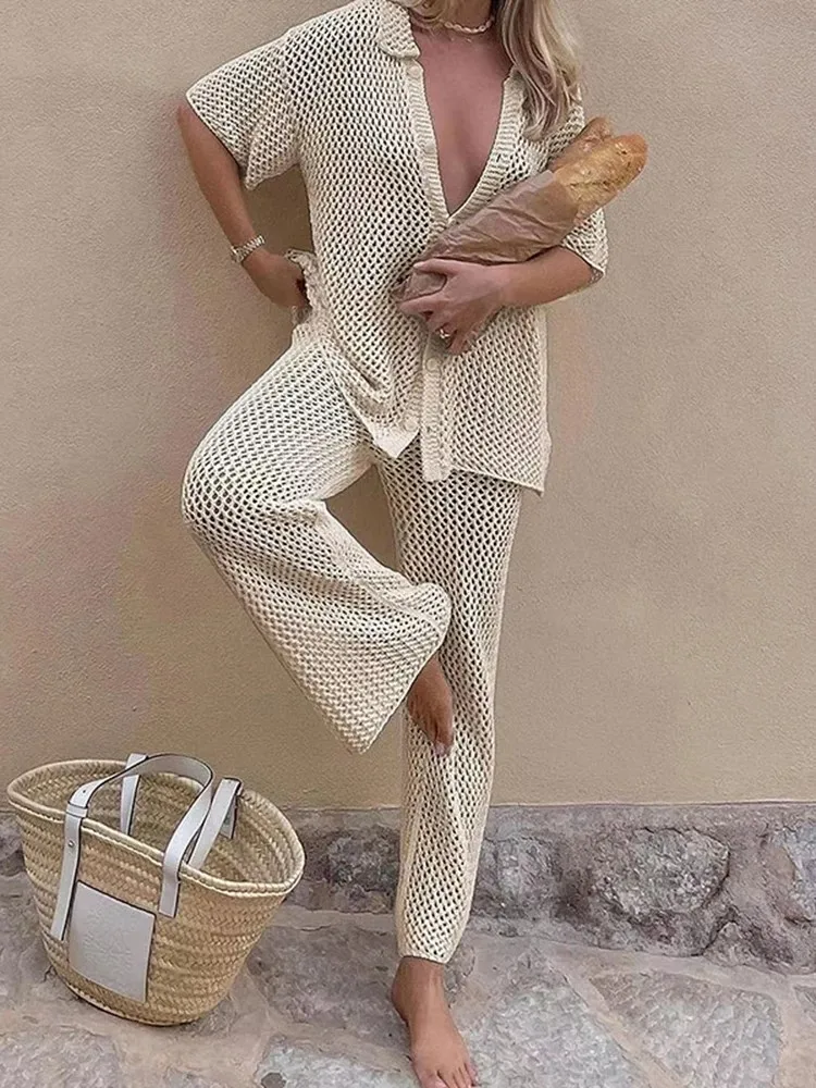

Beach Cover Up Hollow Out Pants Set Women 2025 New Summer Chic Casual Loose Two-piece Bikini Cover-Ups Short Sleeve Beachwear