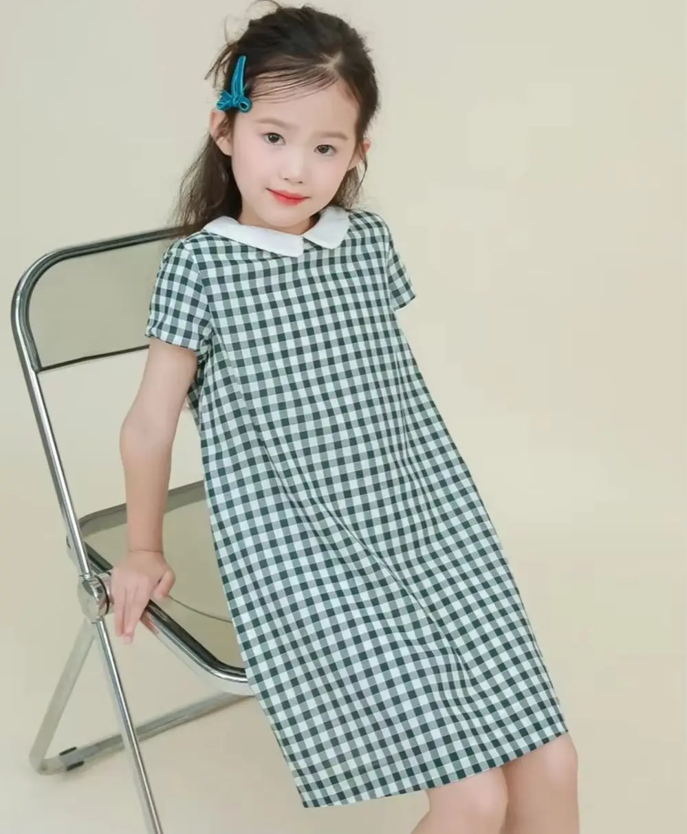 

baby girls clothes kids dress Doll collar green checkered pattern short sleeved dress Summer straight dress