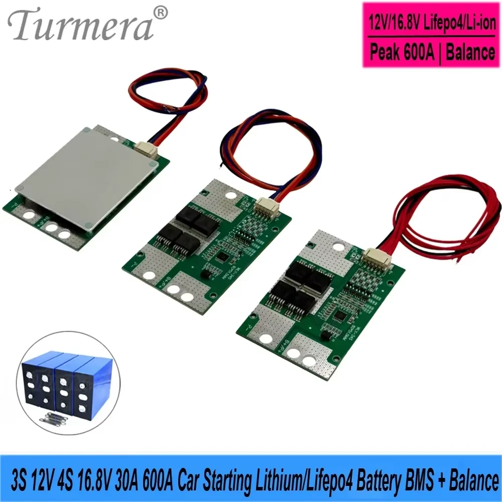 BMS 4S 12.8V Lifepo4 3S 12.6V 4S 16.8V 30A Peak 600A Li-ion Battery BMS Balance for 3.2V 30Ah to 280Ah Car Starting Diy Use