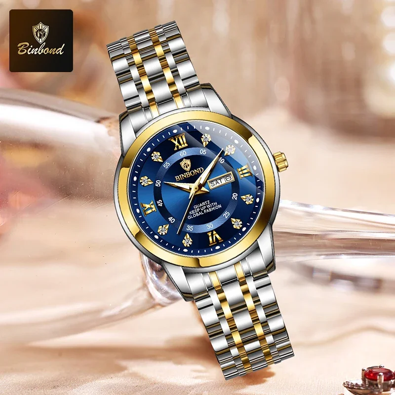 BINBOND B7169 최고급 브랜드 럭셔리 패션 비즈니스 여성용 쿼츠 시계 30M 방수 주간 날짜 표시 스포츠 여성용 손목시계