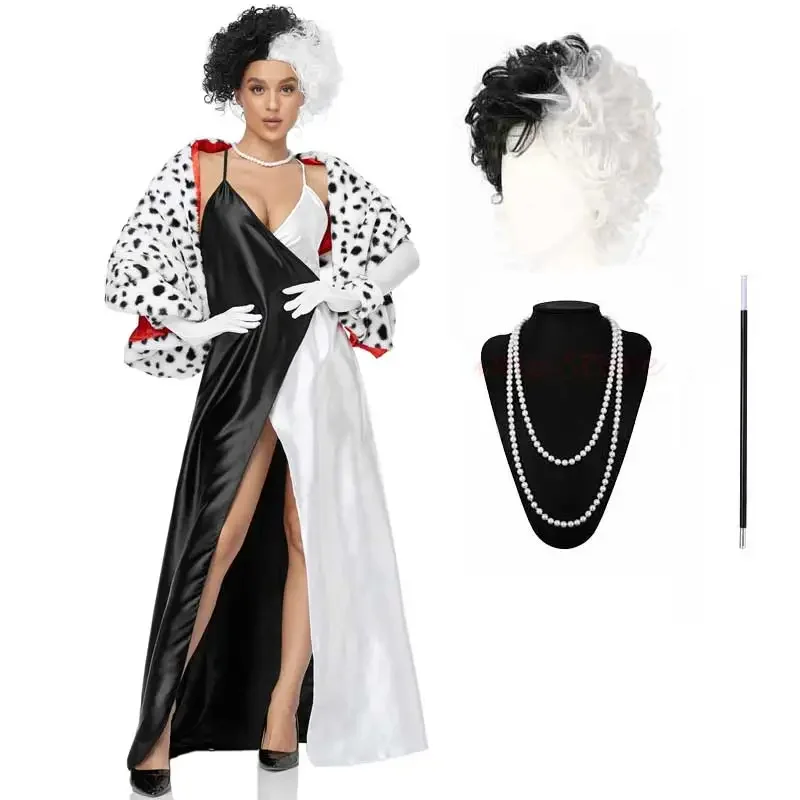 Women Cruella de telescopic long dress cosplay Lady evening dress fringe horror Ghost clothes Halloween costume outfit