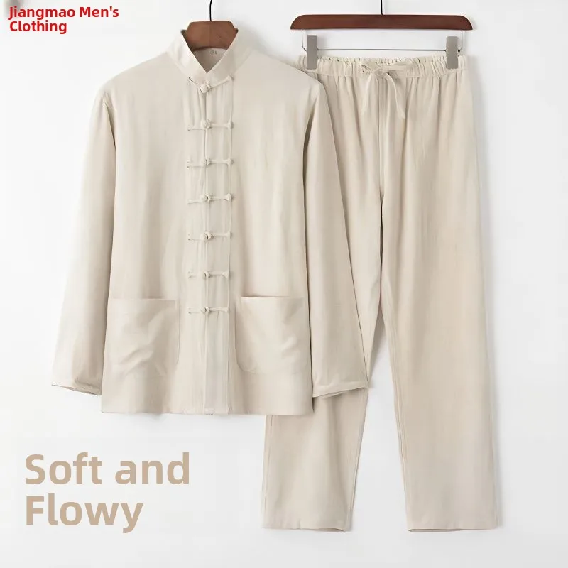 

Свободный хлопково-льняной мужской традиционный китайский костюм Long Sve Tai Chi, винтажный костюм на пуговицах для ли, летняя одежда для путешествий