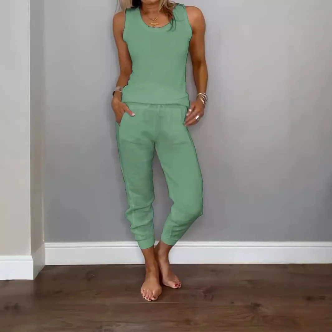 Two Piece Set Women Solid Vets Drawstring Pencil Pants Pockets Slim Fit Round Neck Sleeveless Tanks Casual Summer 2025