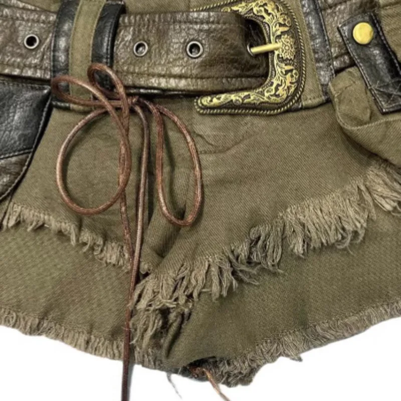 HKSH 2026 شورت صيفي جديد تصميم غير متماثل جيوب بحزام المتعثرة الأمريكية الرجعية مثير Ins سفاري نمط سراويل قصيرة HK17508