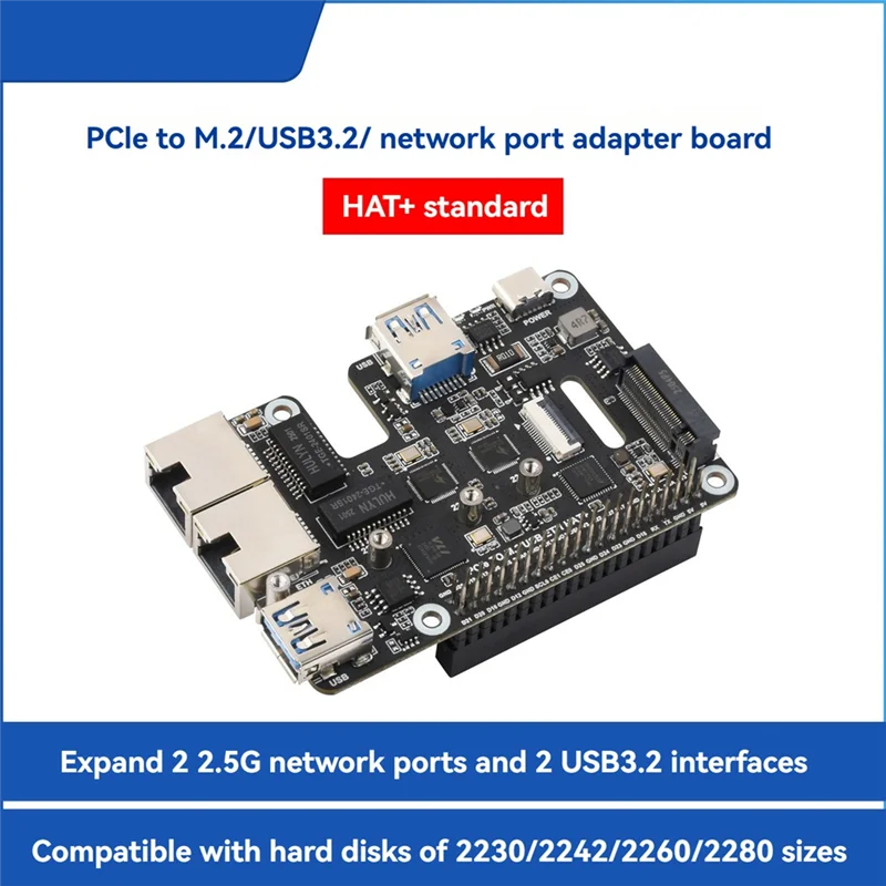 

Для Raspberry Pi 5 Плата расширения от Pcie до M. 2 USB ETH HAT+ Двойной 2,5G Ethernet USB3.2 M. 2 Nvme SSD для RPI5