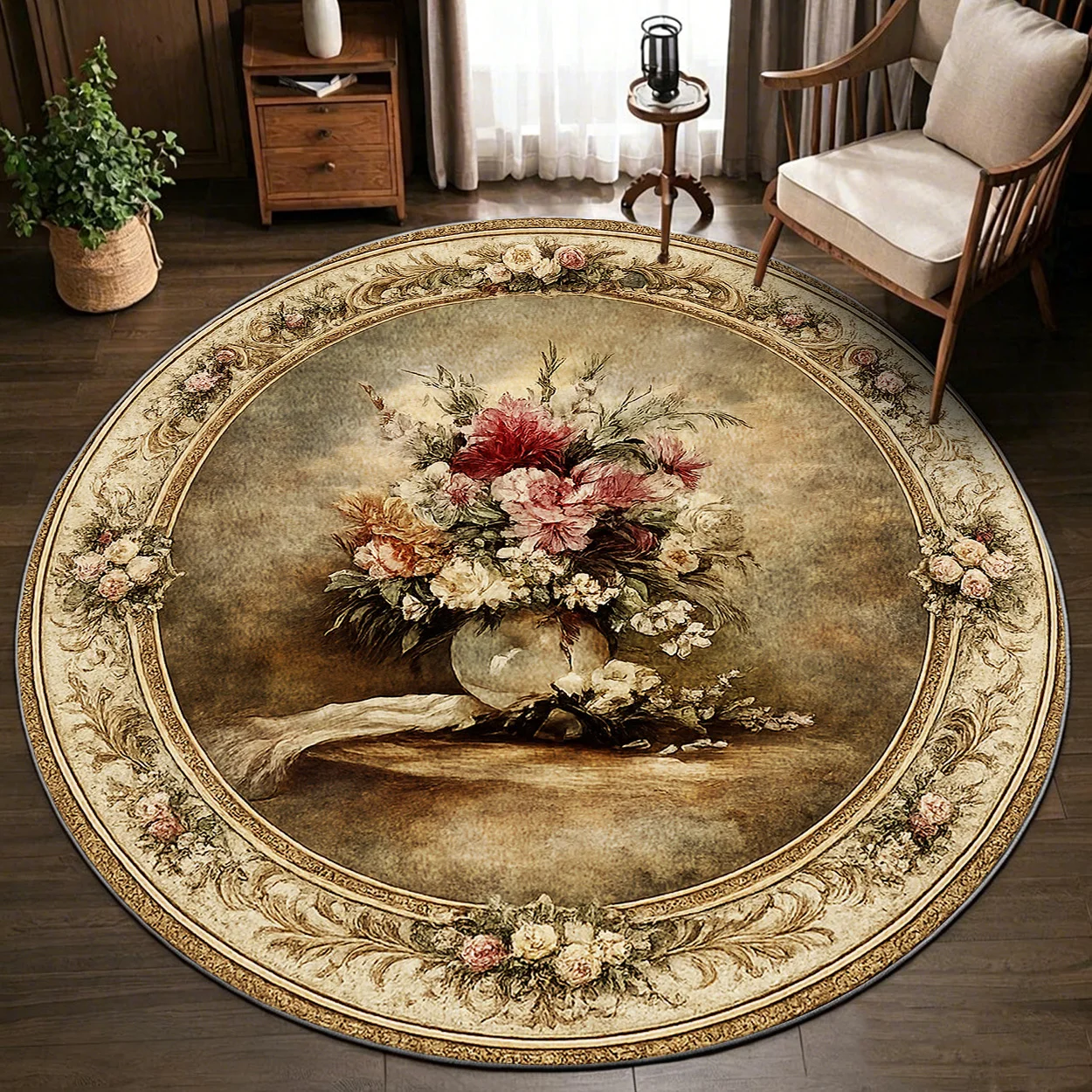 Vintage Oil Painting Peony Floral Round Rug European Classical Frame Circular Mat Non Slip Floor Carpet Farmhouser Carpet
