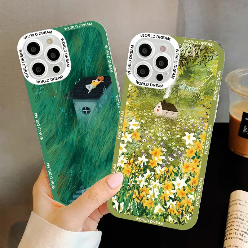 Retro Rural Scenery Painted Clear Phone Case For iphone 15 11 14 12 13 Pro Max X XR 7 8 Plus Large Flower Fields Log Cabin Cover