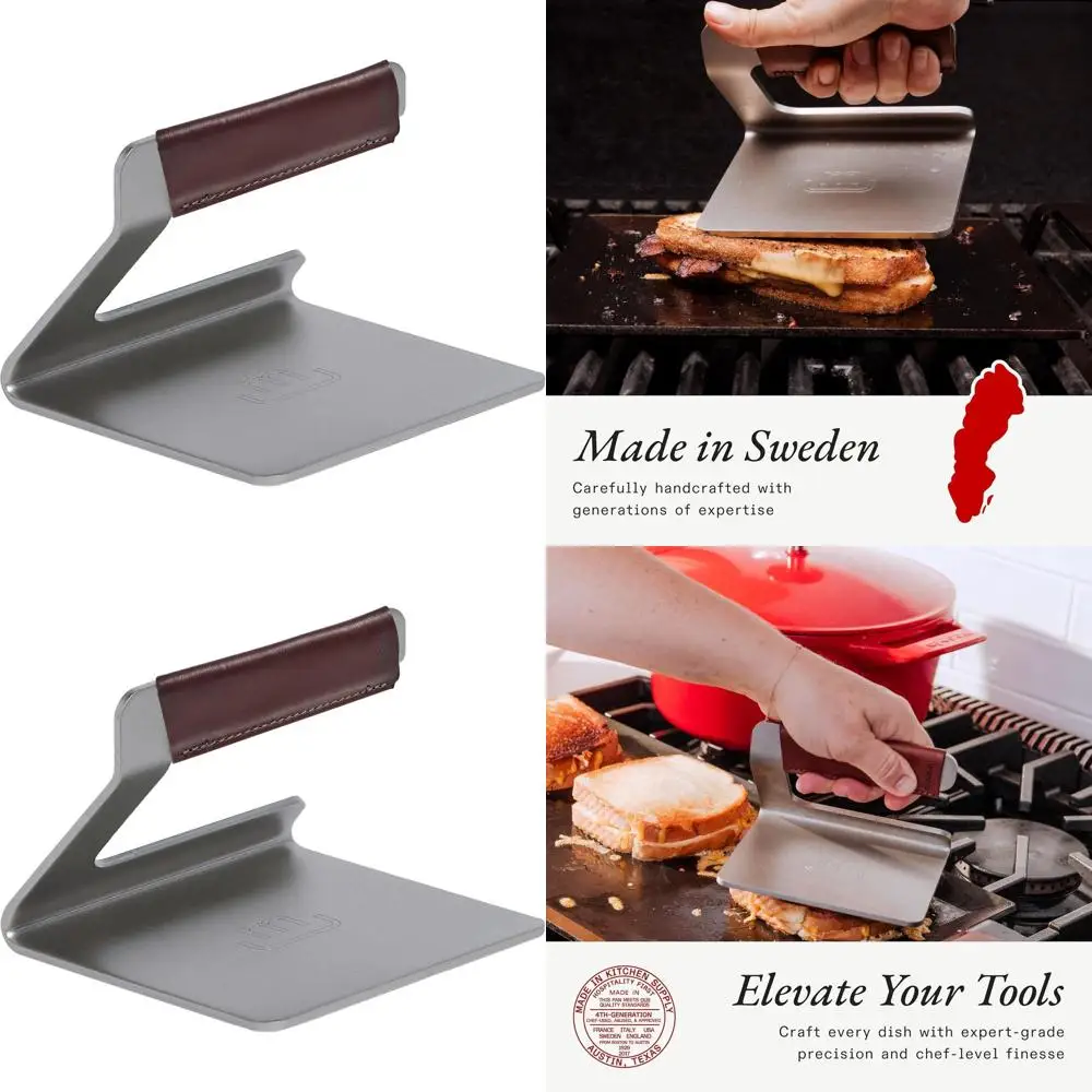 

Swedish-Made Stainless Steel Grill Press with Detachable Leather Handle Cover
