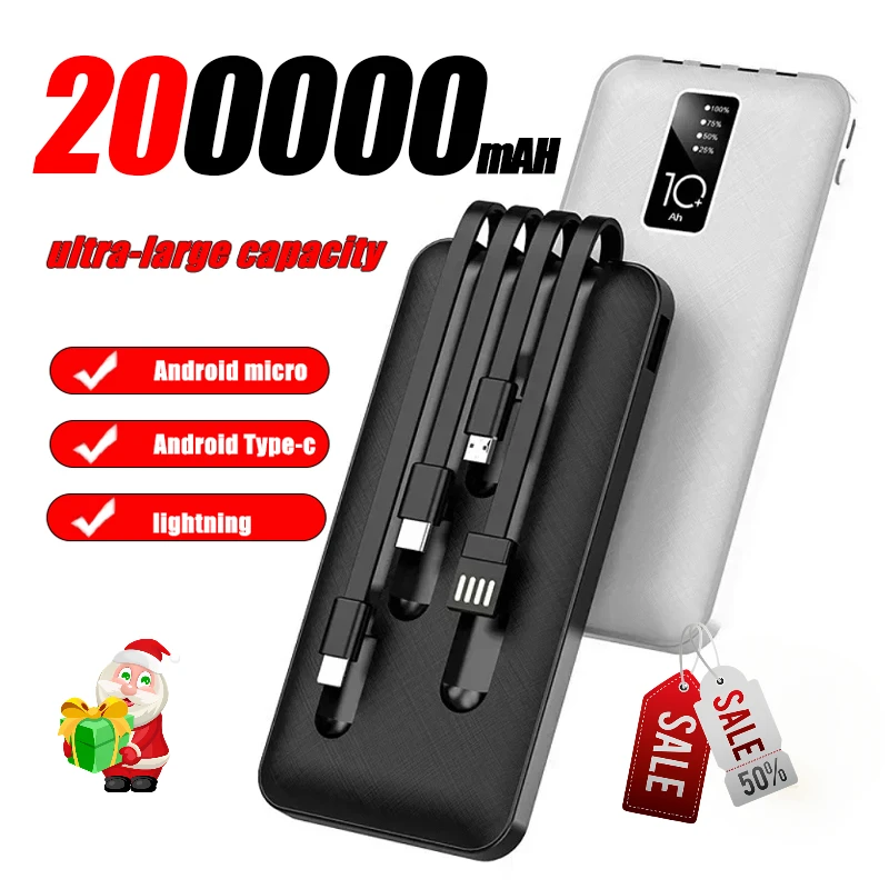 200000mAH Power Bank Fast Charge Come With 4-Wires Large Capacity PowerBank Mobile Phone External Battery For iPhone15 Samsung