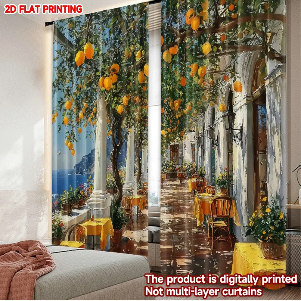 2pcs Mediterranean Courtyard Curtains Digital Printing, White Columns Orange Trees Blue Sea View for Coastal Living Room Decor