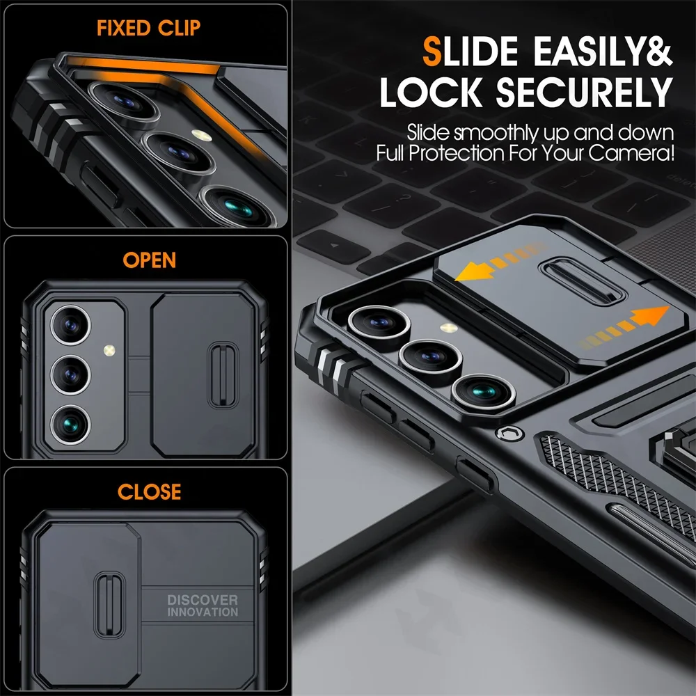 Fall Für Samsung S24 S23 S22 S21 S25 Ultra Plus FE A55 A35 A15 A54 A56 A36 4G 5G Ring Stand Rüstung Rutsche Kamera Ständer Abdeckung