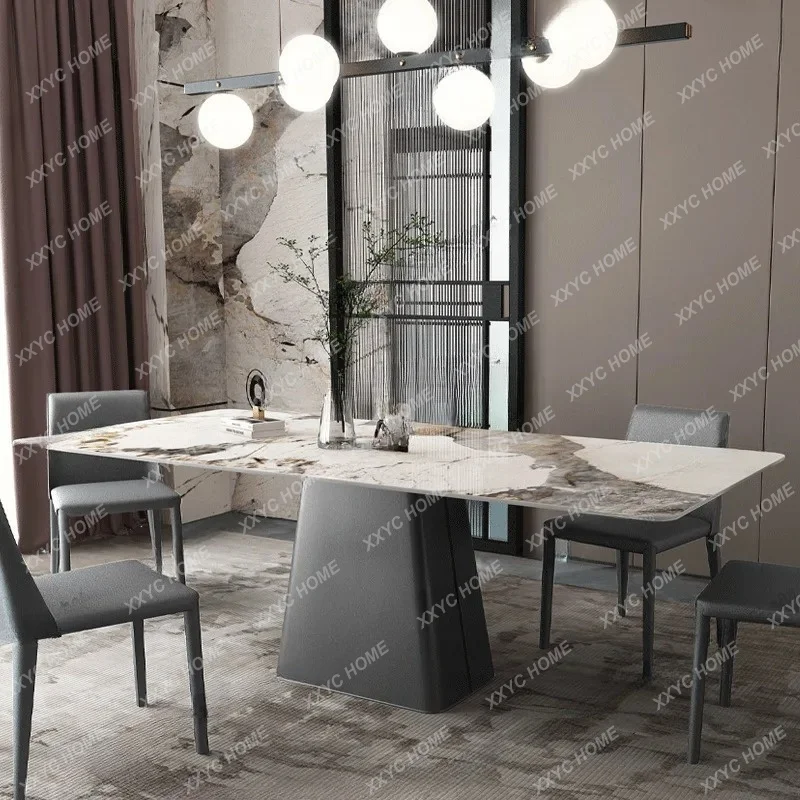 XXlight luxury rock slab dining table stainless steel simple rectangular villa high-enlight dining table