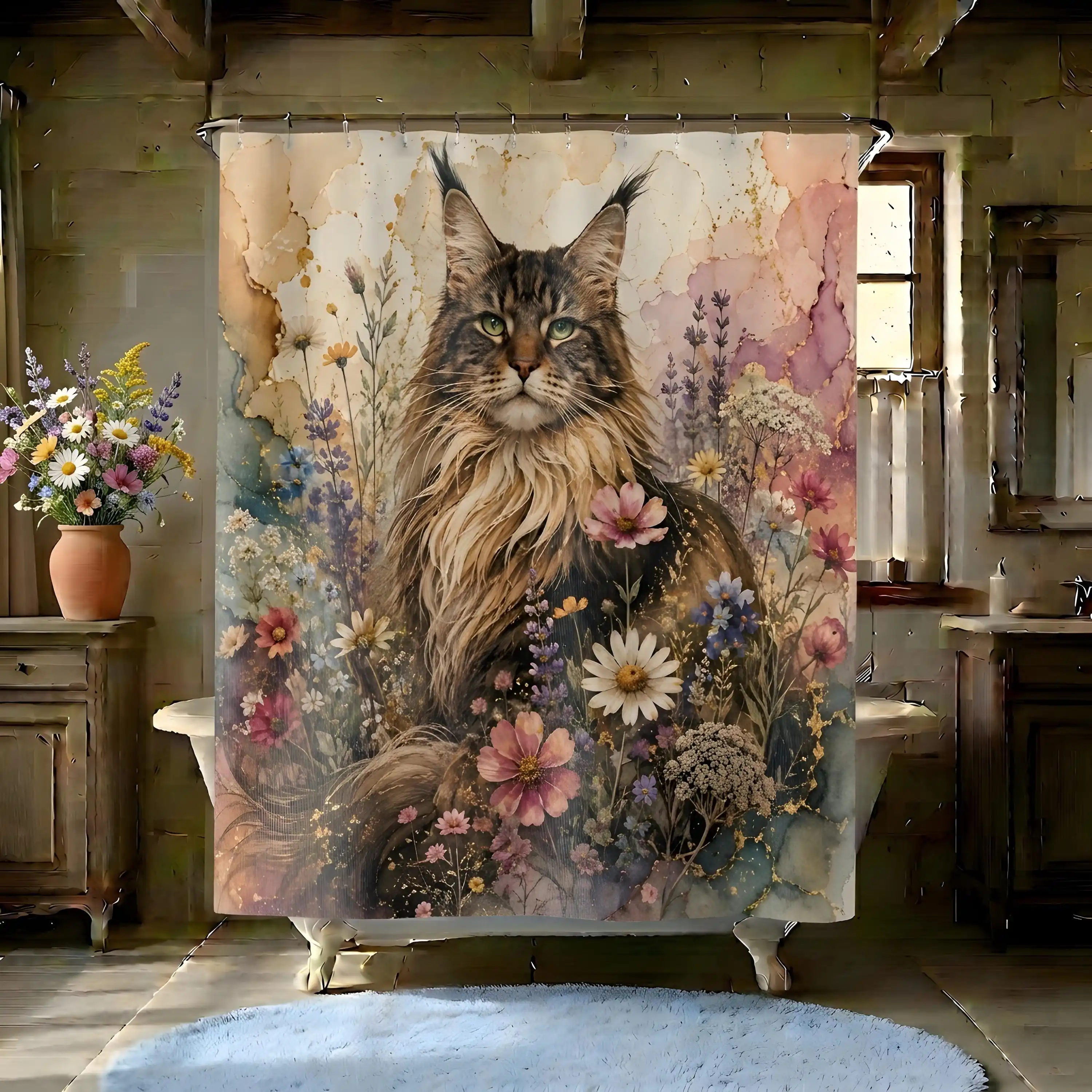 Whimsical Woodland Cat Floral Shower Curtain Bathroom Decor Art Print Pet Lover Gift