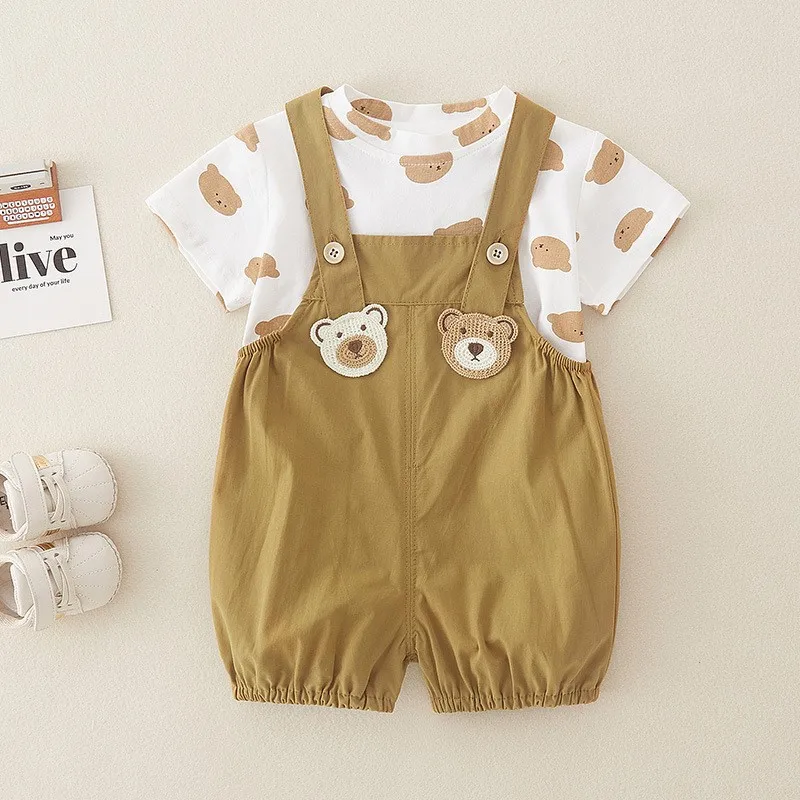 

Korean Summer 0-2 Year Newborn Boys 2PCS Clothes Set Muslin Short Sleeve Tops Bear Embroidery Overalls Suit Baby Boys Outfits