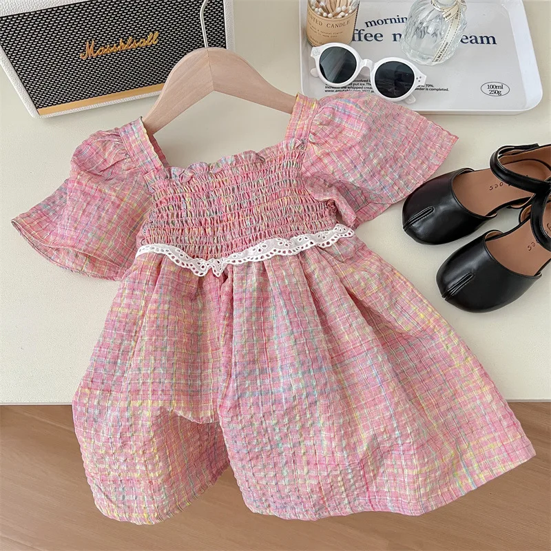 

Girls Sweet Princess Dress Children Baby Kids Summer Infant Short sleeve Birthday Party Plaid Lace Vestidos