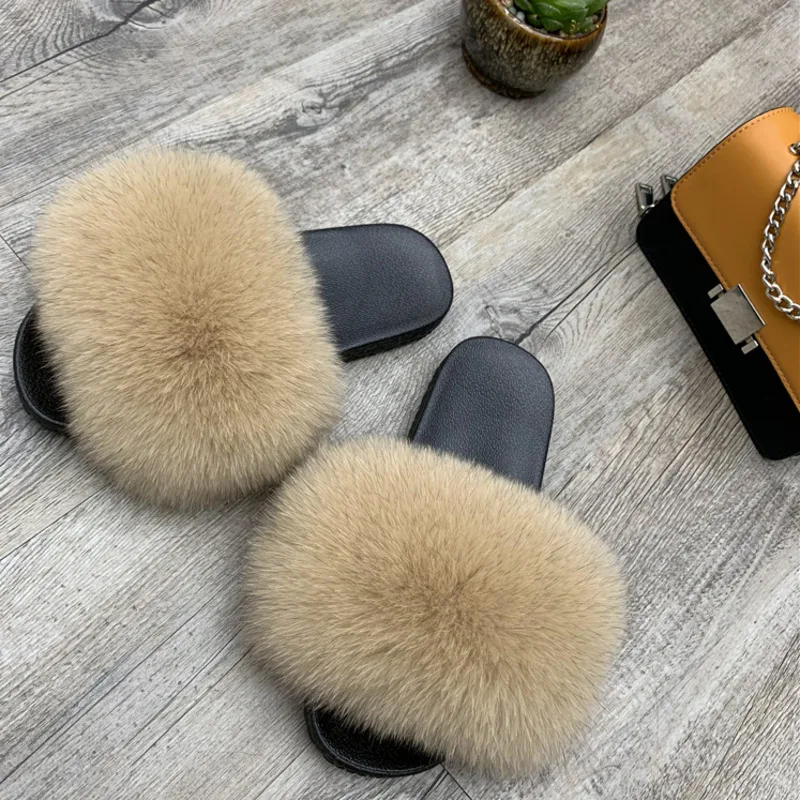 Fur Slides for Women Summer Real Fox Fur Slippers Ladies Casual Plush Fluffy Home Flat Sandals Fashion Female Outdoor Shoes