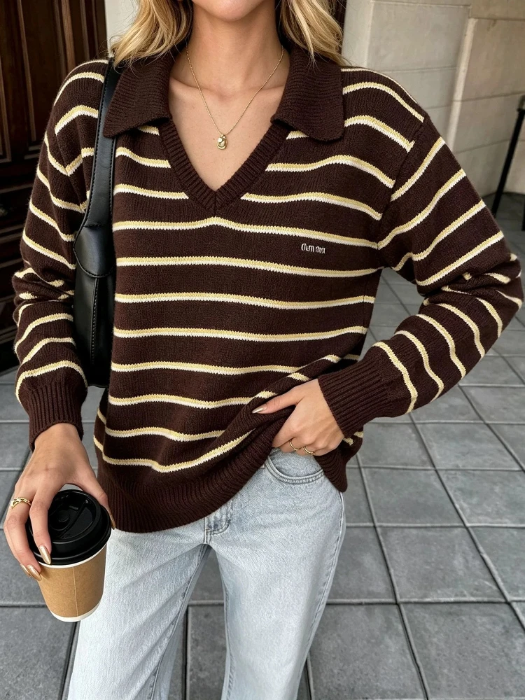 Autumn Winter Women's Knit Stripe Pullover Simple Casual Polo Collar Sweater Lady Fashion Warm Female Long Sleeves Tops Clothing