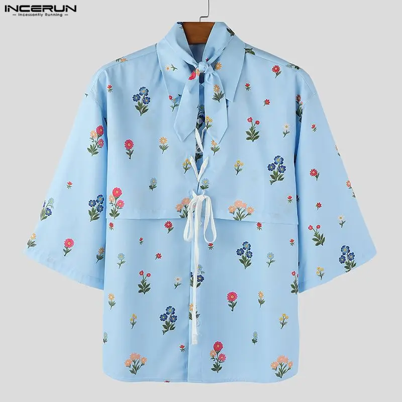 

INCERUN Men's Shirt Flower Printing Lapel Half Sleeve Loose Men Clothes Lace Up Streetwear Vacation Fashion Casual Camisa Tops