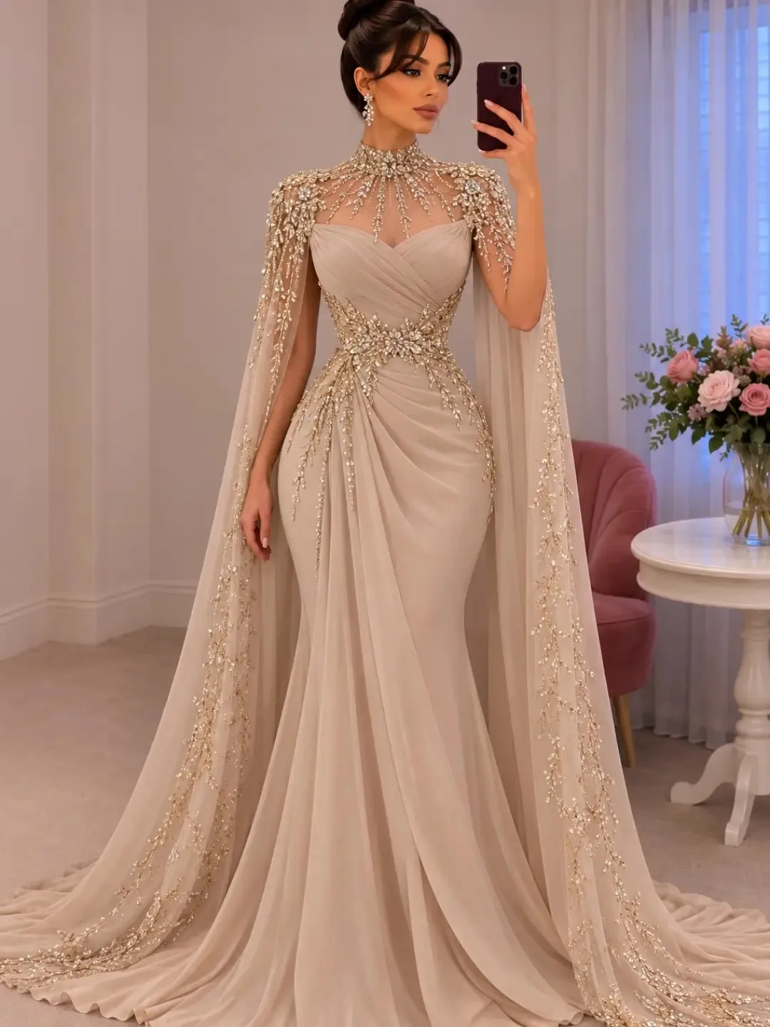 Image of Ciynsia Beige Bescheidene Abendkleider 2027 Luxuriöse Spitzen-Perlenstickerei Damen Formelle Abendroben Meerjungfrau-Stil Hoher Kragen Maßanfertigung