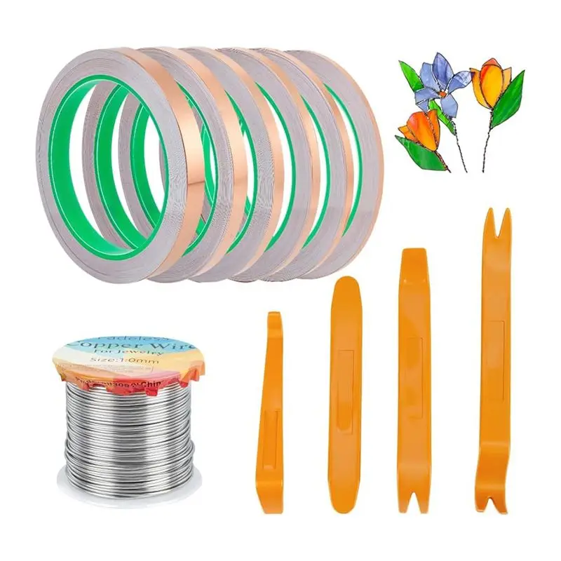 AT29-For Stained Glass Kit Includes 6 Sizes Copper Foil Adhesive Tapes 1 Roll Solder, 4Pcs Plastic Scrapers For Stain DIY Projec
