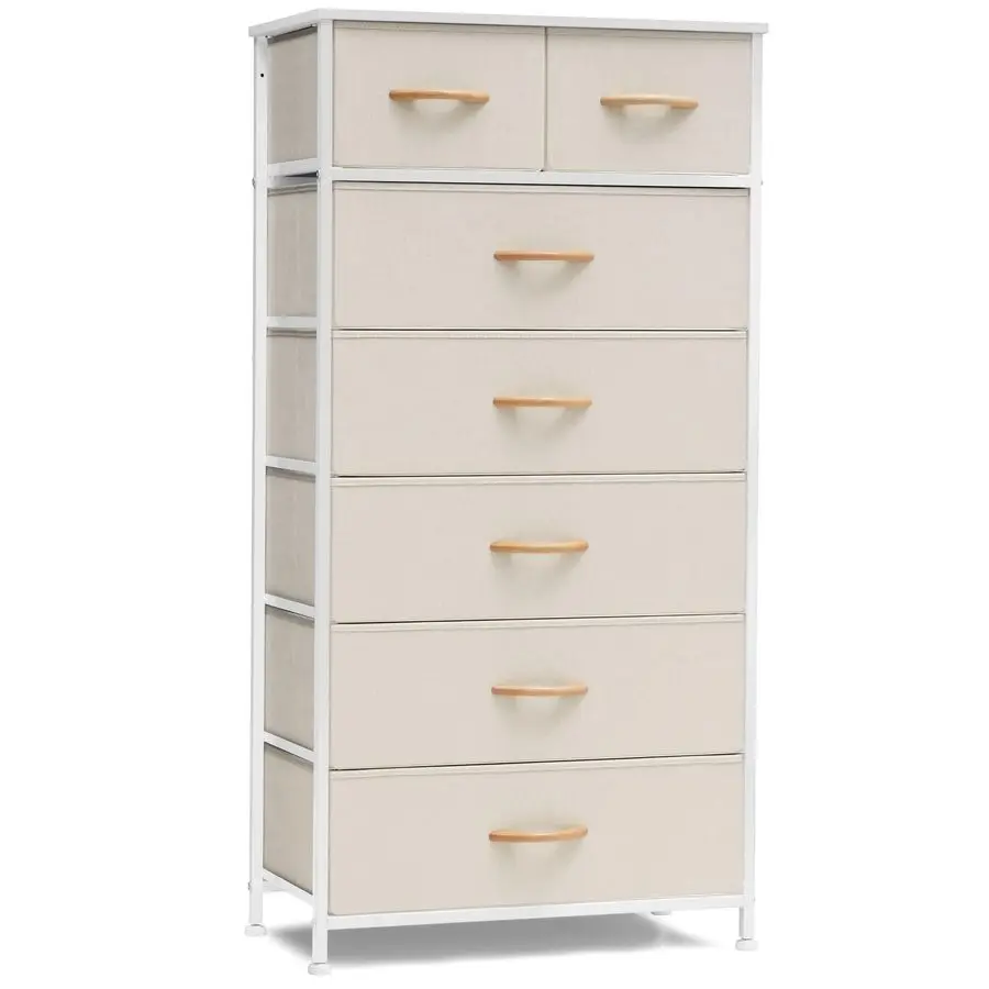 

Вертикальный комод-органайзер с прочным стальным каркасом, деревянной столешницей, легко выдвижными тканевыми контейнерами и деревянными ручками для спальни, прихожей