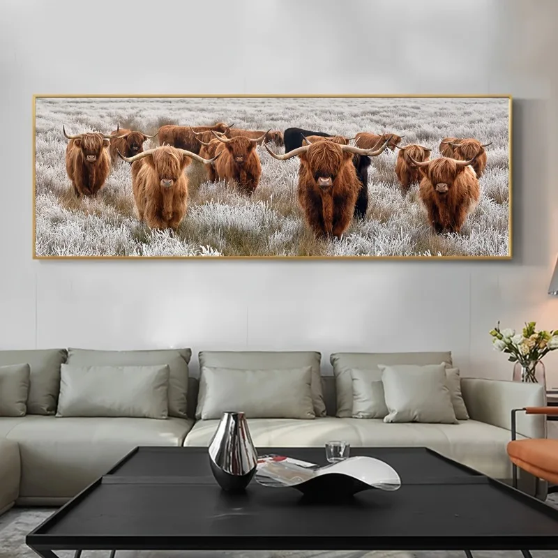 

Highland Cattle Frameless Canvas Wall Art Print Animal Theme Ink Artwork for Living Room, Bedroom, Office, Art Print Poster