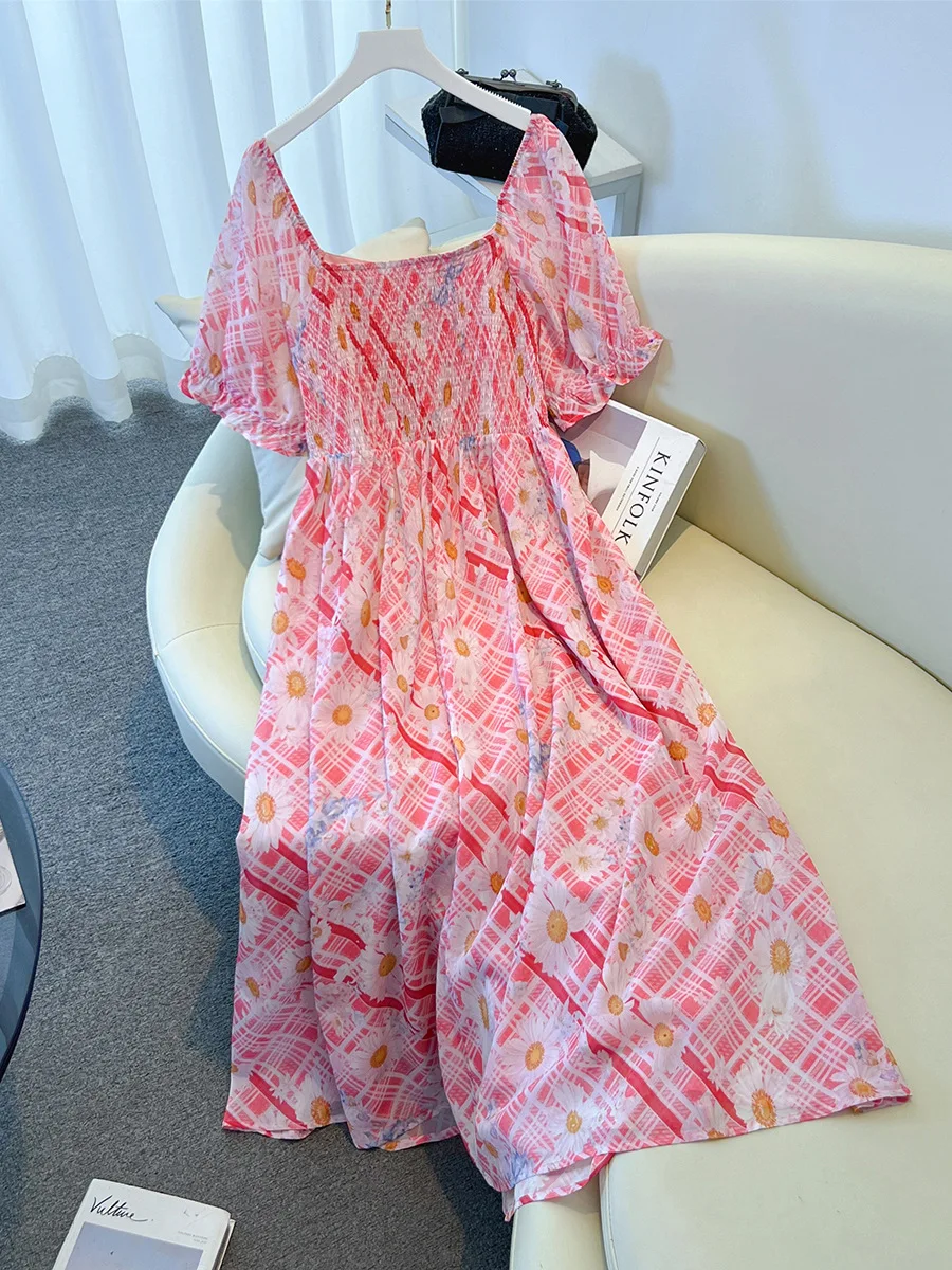 150Kg 플러스 사이즈 여성 바스트 132-160 여름 느슨한 반팔 스퀘어 넥 꽃 드레스 레드 5XL 6XL 7XL 8XL 9XL