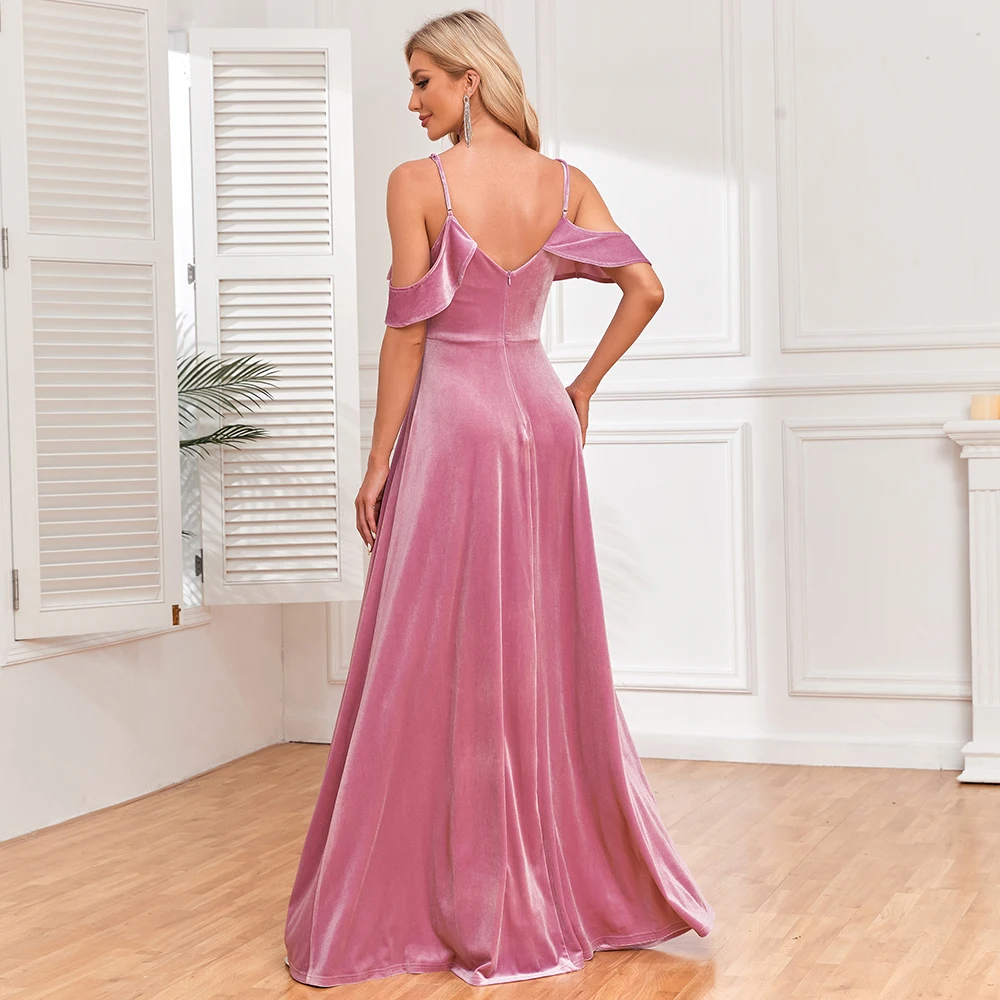 Abito da damigella d'onore da sposa in velluto a trapezio con allacciatura frontale con spalle scoperte eleganti da donna nuove con bordo a balze