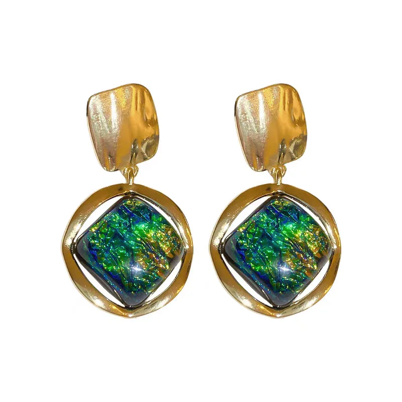 Hollow Frame Green Rhombus Resin Dangle Earrings for Women Vintage Golden Metal Square Drop Earrings Geometry Trendy Jewelry