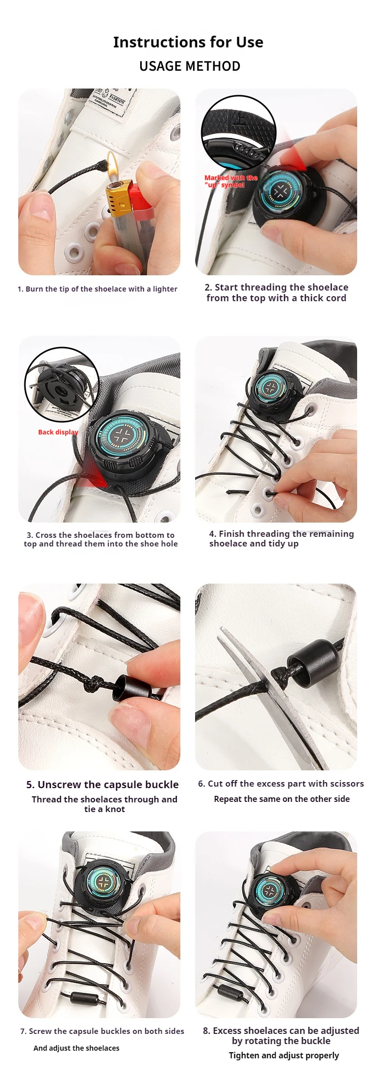 Automatische Schnürsenkel ohne Binden, Schnellverschluss-Schnürsenkel für Sneaker, Schnürsenkel ohne Binden für Erwachsene und Kinder, dicke Schnürsenkel aus Seil, 1 Paar/2 Paar – Detail 3