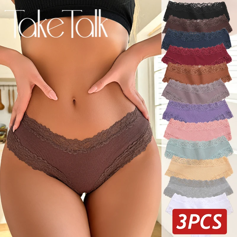 Calcinhas de algodão sem costura para mulheres, calcinha brasileira sexy de renda, baixo crescimento, lingerie macia respirável, cuecas femininas com fio dental, 3 peças por conjunto