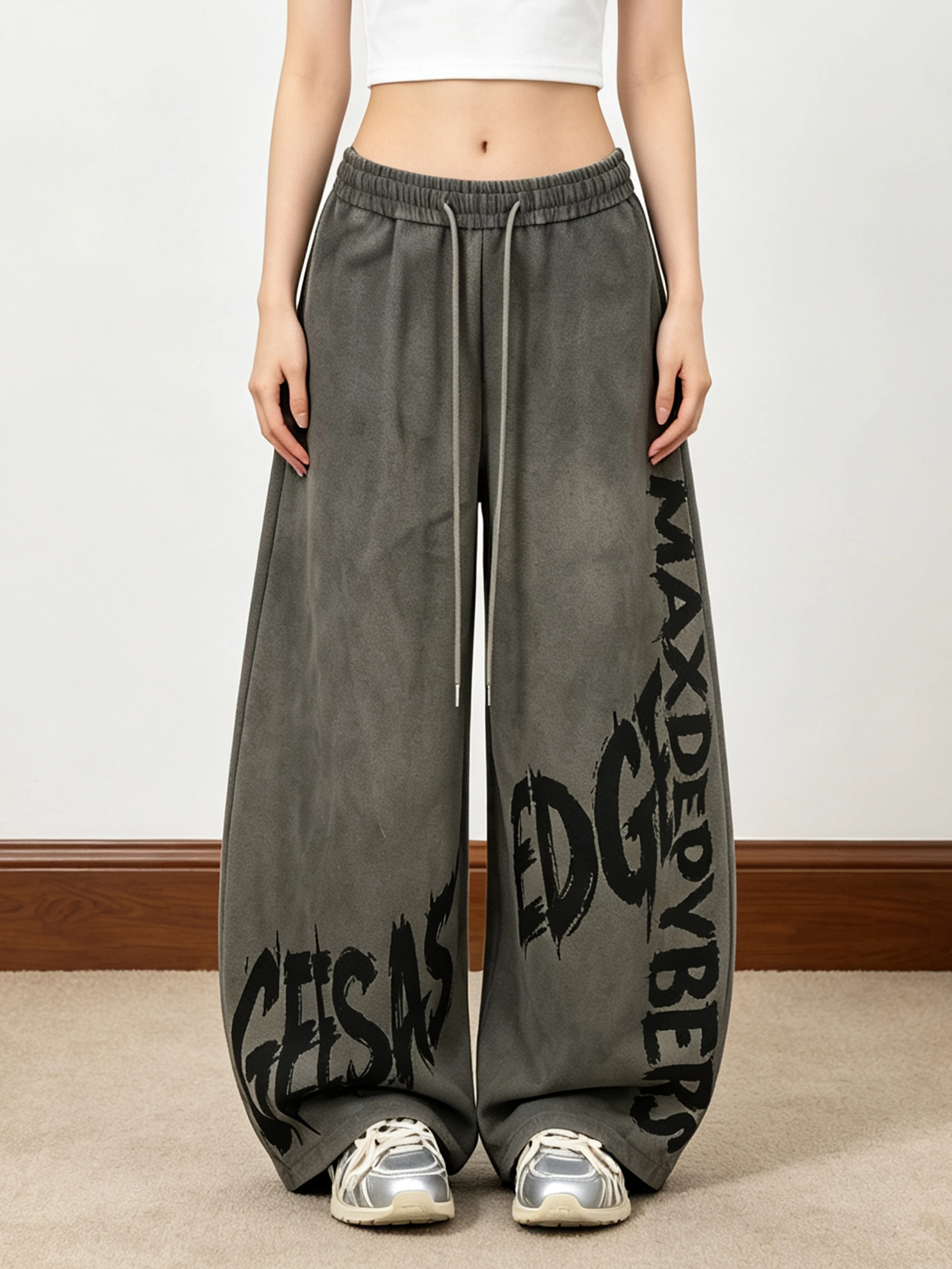 Casual High Waist Wide Leg Pants Women's Graffiti Dyed Knife  Loose Fit Drawstring Trousers Couple Casual Cotton Pants