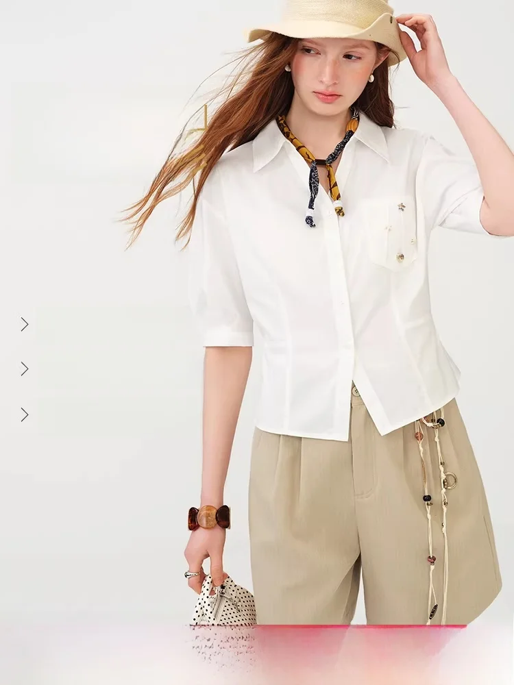 

Slimming Effect V-Neck Women's Shirt Van Slane Summer New Style Salt Holiday 3D Waist Cinching Cotton Blend Shirt