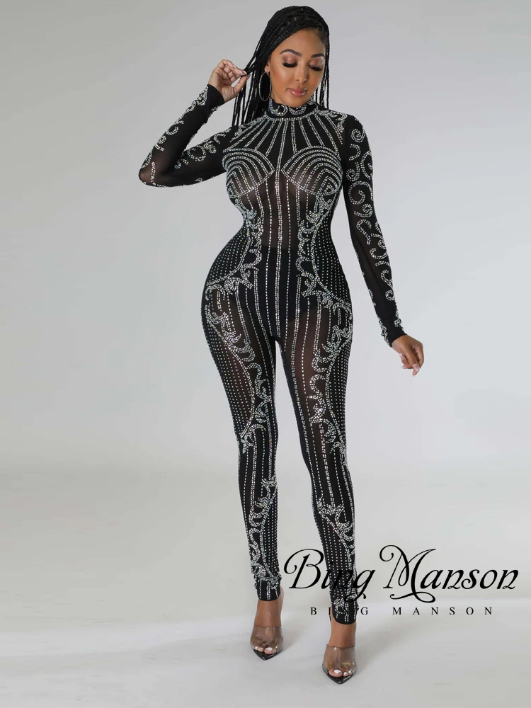 

New Black Women's Sexy Mesh Shining Hot Diamond Perspective Jumpsuit Party Nightclub Show Stage Fashion Jumpsuit Clothing