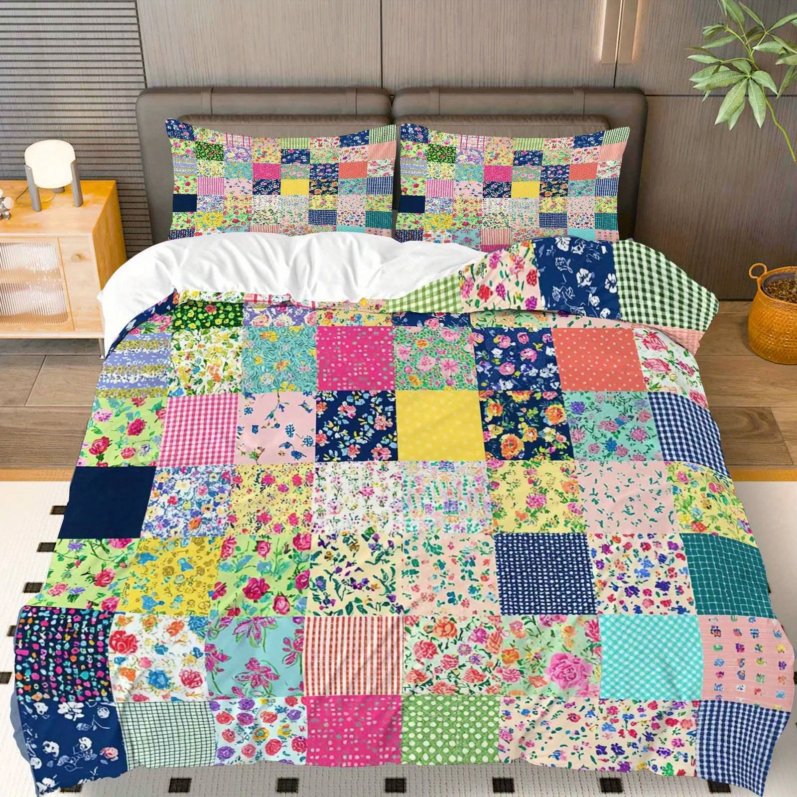 Bedding Including Duvet Cover And 2 Pillowcases Featuring a Floral Gingham Patchwork Design for Spring Decor in Bedrooms