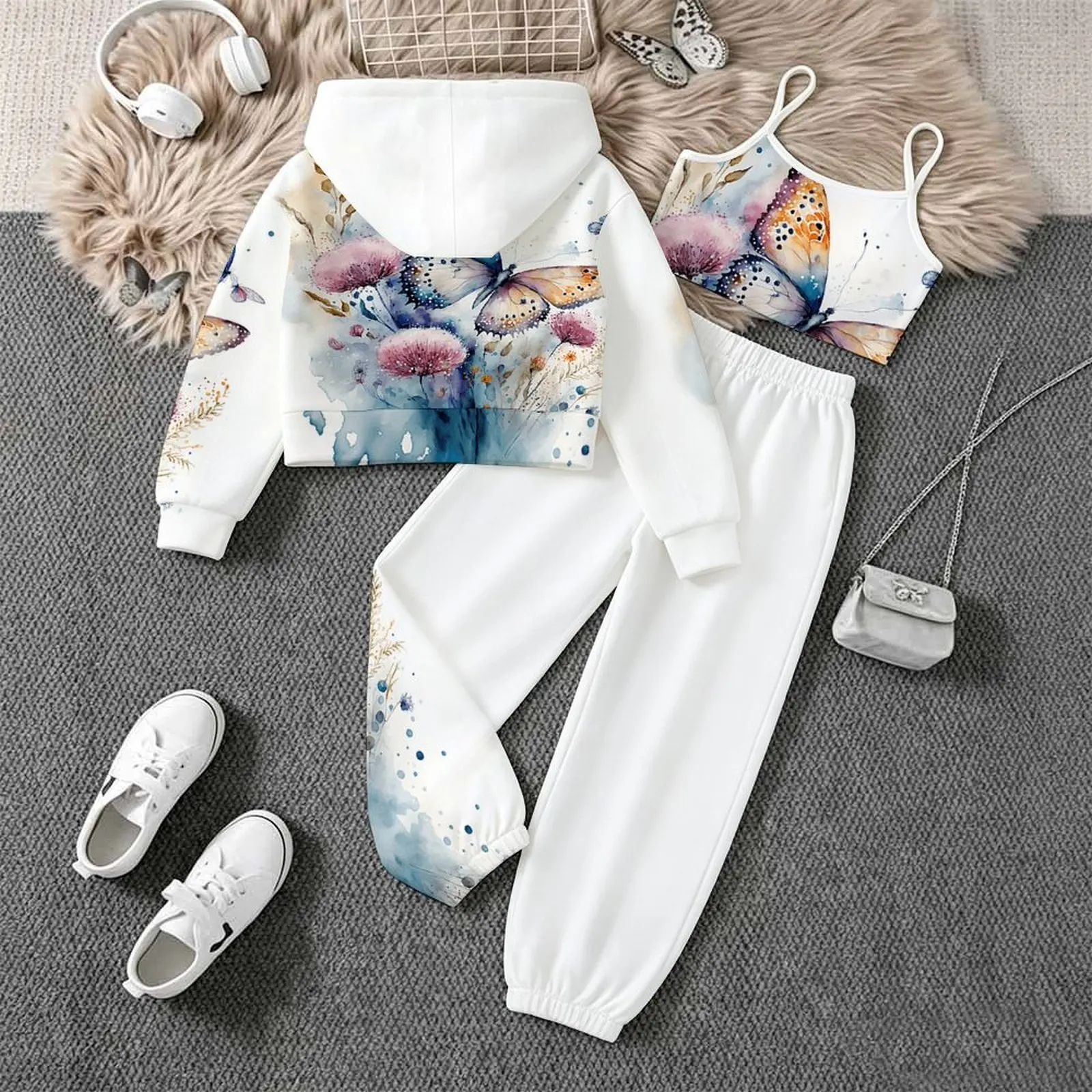 Winter Zipper Hoodie Long Sleeve Coat Jogging Pants Children's Printed Three-Piece Set Autumn Girls Yoga Pants Fashion Vest