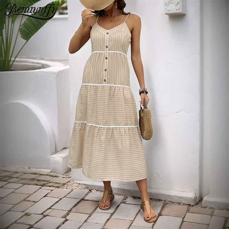 Benuynffy Gestreiftes vorderes Knopf-lässiges Cami-Kleid mit V-Ausschnitt, Damenmode, Urlaub, lockere große Schaukel, lange Kleider, Sommer 2025, Neu