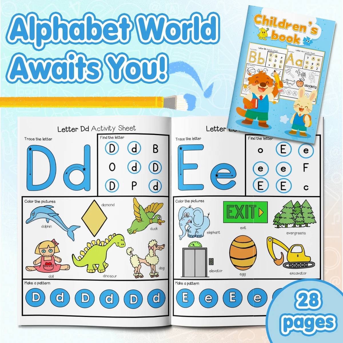 Children's alphabet coloring book, cute cartoon patterns, preschool early education workbook, boost your baby's hands-on skills
