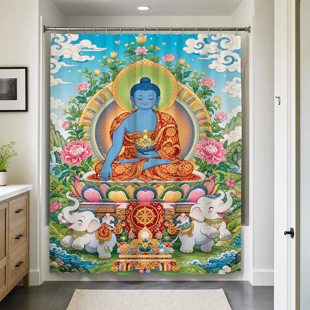 Spiritual Buddhist Buddha Shower Curtain Waterproof Asian Lotus Floral Temple Art Elephant Tropical Design Bathroom Liner Luxury
