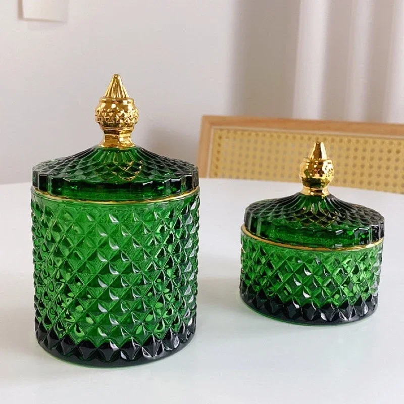 Vintage Dark Green Glass Jewelry Box Painted Gold Luxury Storage Elegant Decorative Home Organizer Ornate Jewelry Storage