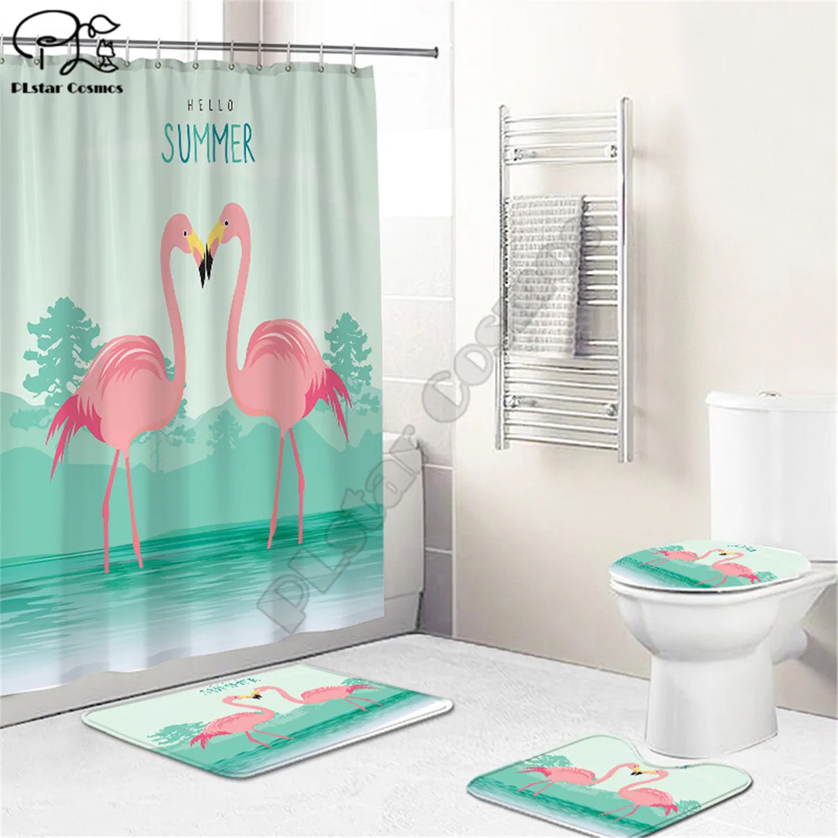 Flamingo/Duck Bathroom Set Together Shower Curtain Rug Set Bathroom Mats Rugs Toilet Decor Mat 3D Printed 01