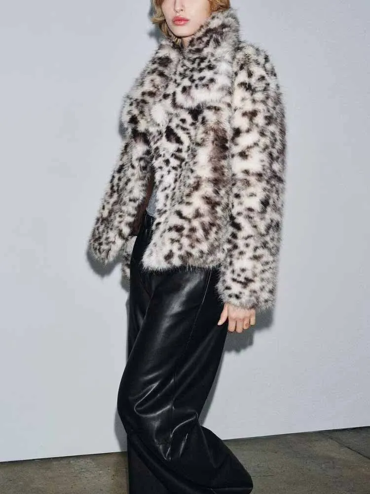 

European and American style autumn new fashion temperament women's clothing versatile animal print lapel faux fur jacket