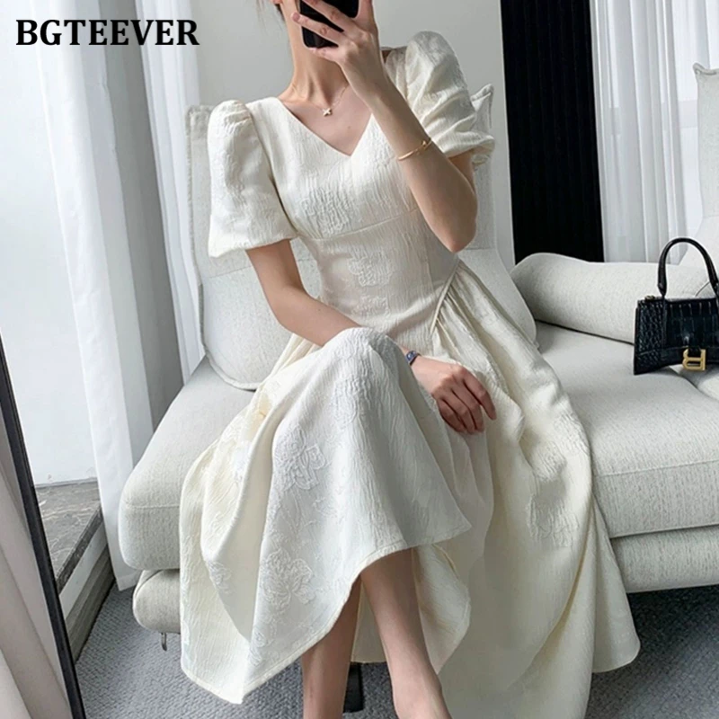 BGTEEVER Vintage Puff Sleeve Women Mid-Length Dress Summer V-neck Slim Waist Female A-line Dress Elegant Ladies Solid Dress