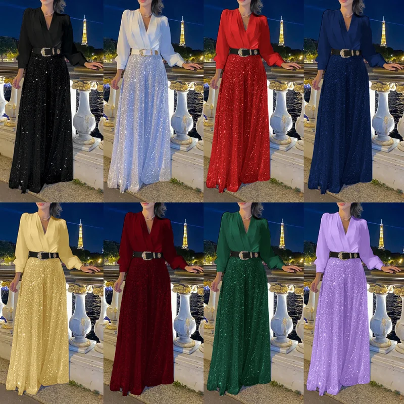 Chemise à manches longues à col en V pour femmes, taille élégante, amincissante, jambe large à paillettes, mode européenne et américaine, vêtements pour femmes, nouveau, 2021