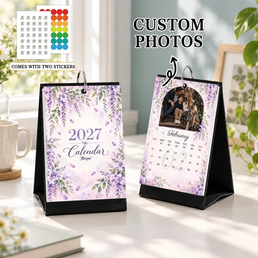 1pc 2027 Custom Photo Desk Calendar,Watercolor Wisteria Floral Table Calendar With Stickers, Birthday Christmas New Year Gift