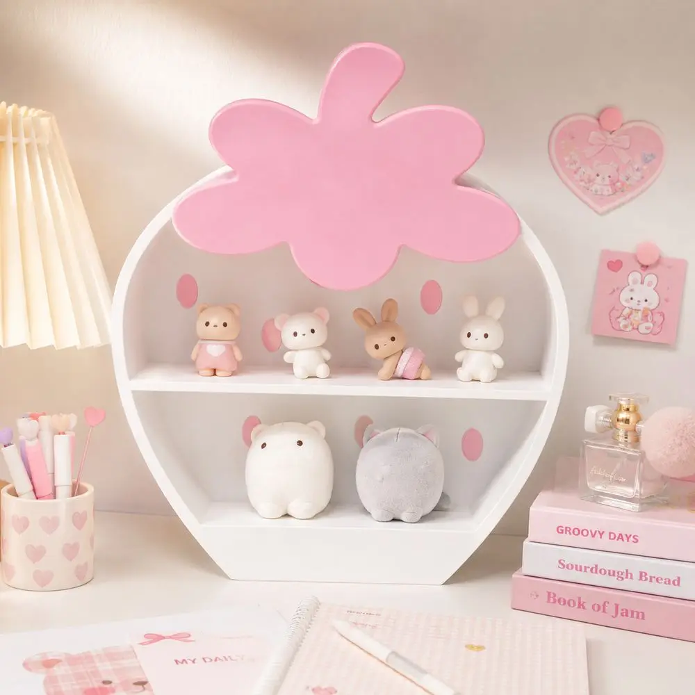 Strawberry Shaped Strawberry Display Shelf Freestanding Three-Dimensional Style Storage Rack Pink And White Tiered Structure