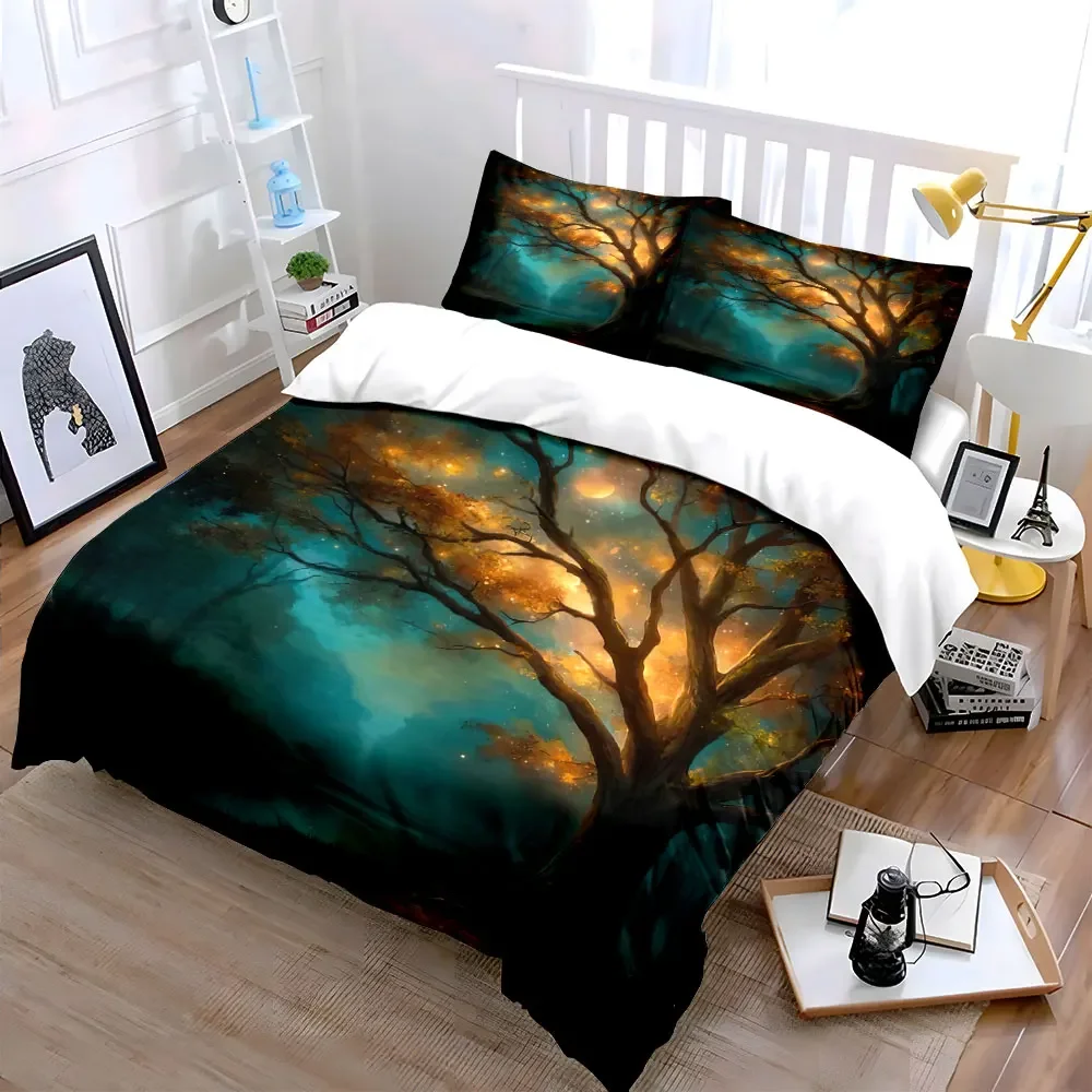 3Pcs Magical Forest Bedding Set, Glowing Autumn Tree Print Duvet Cover + 2 Pillowcases, Fantasy Nature Decor