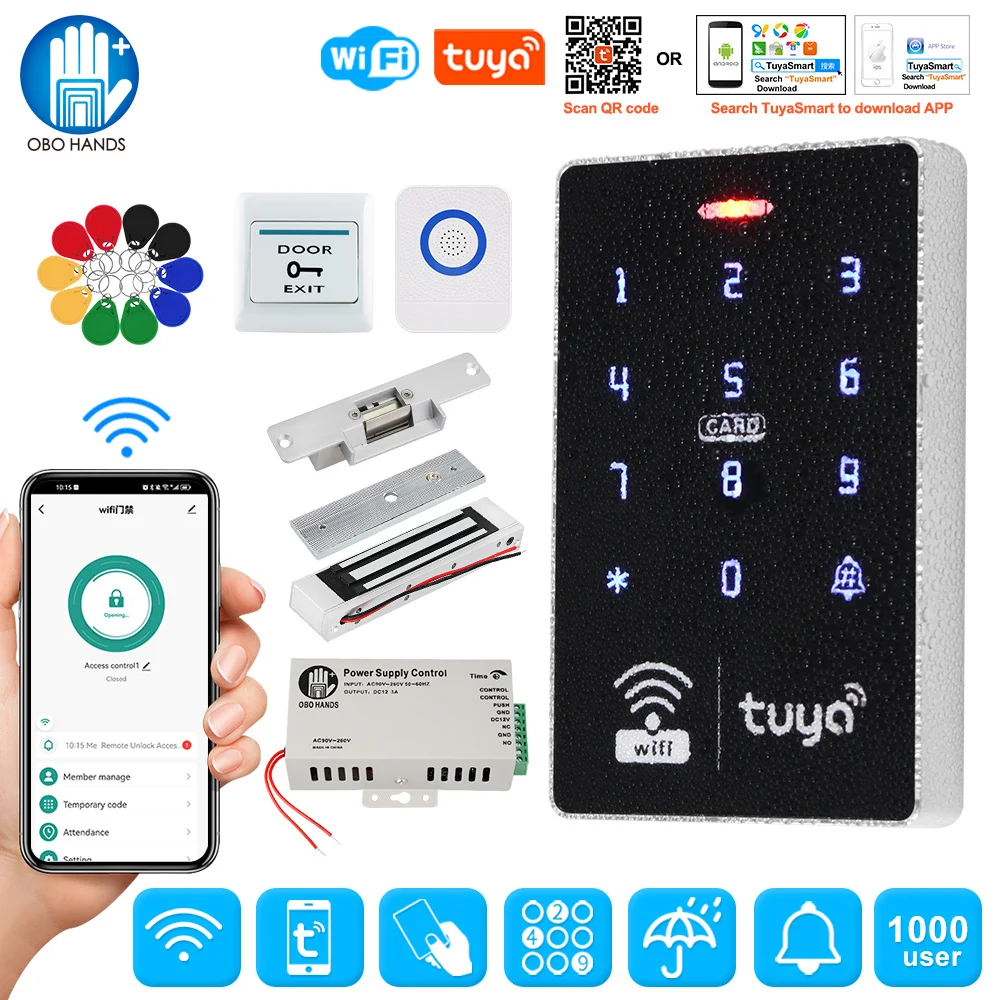 Wifi Tuya RFID Door Access Control System Kit Set Waterproof Keypad Controller APP Remote Unlock, Electric Magnetic Strike Locks