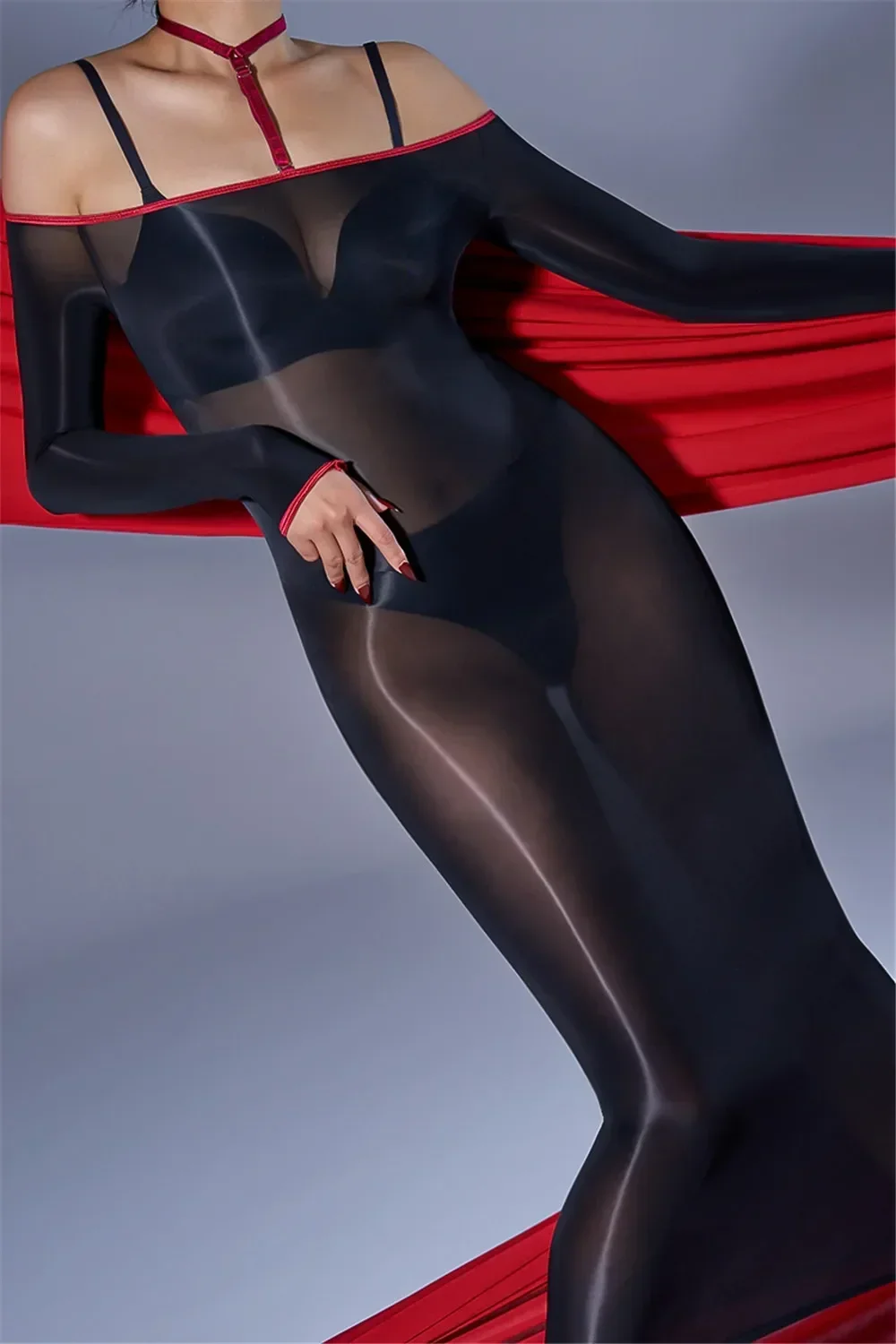 Long Sleeved Off-the-shoulder Dress for Sexy Women 8D Oil Glossy Ultrathin Sheer See Through Mini Dress Elastic Tight Cheap